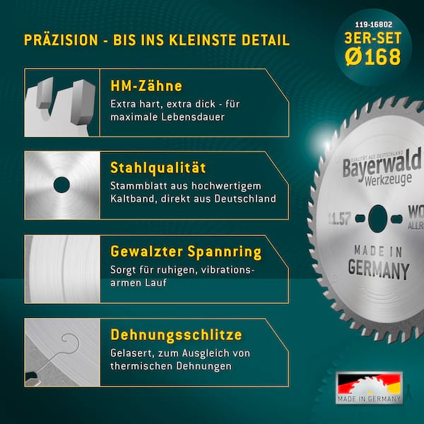 Bayerwald Kreissägeblatt Set Ø160 (3 tlg.) - für Holz Allround - geeignet für Akku-Handkreissägen von Mafell uvm.
