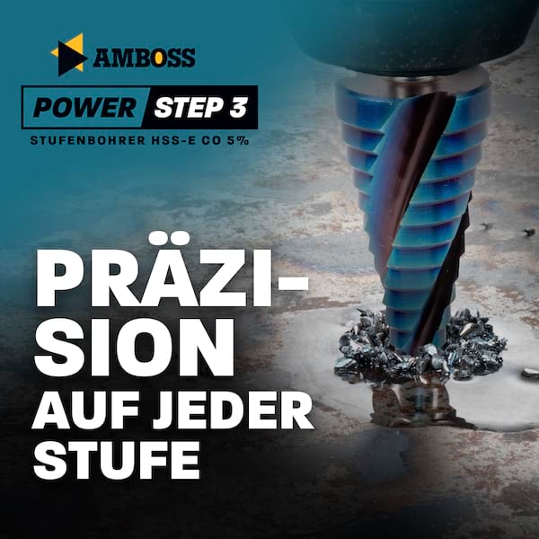 Stufenbohrer Ø 4-32 mm / 15 Stufen Konusbohrer / 10 mm Schaft / Profi Metallbohrer Kegelbohrer HSS-E Co 5% / Amboss PowerStep 3 mit TiAlSiN Blue Nano Guard / Lochbohrer geeignet für Metall, Holz, Kunststoff Stufenbohrer Ø 4-32 mm / 15 Stufen Konusbohrer / 10 mm Schaft / Profi Metallbohrer Kegelbohrer HSS-E Co 5% / Amboss PowerStep 3 mit TiAlSiN Blue Nano Guard / Lochbohrer geeignet für Metall, Holz, Kunststoff