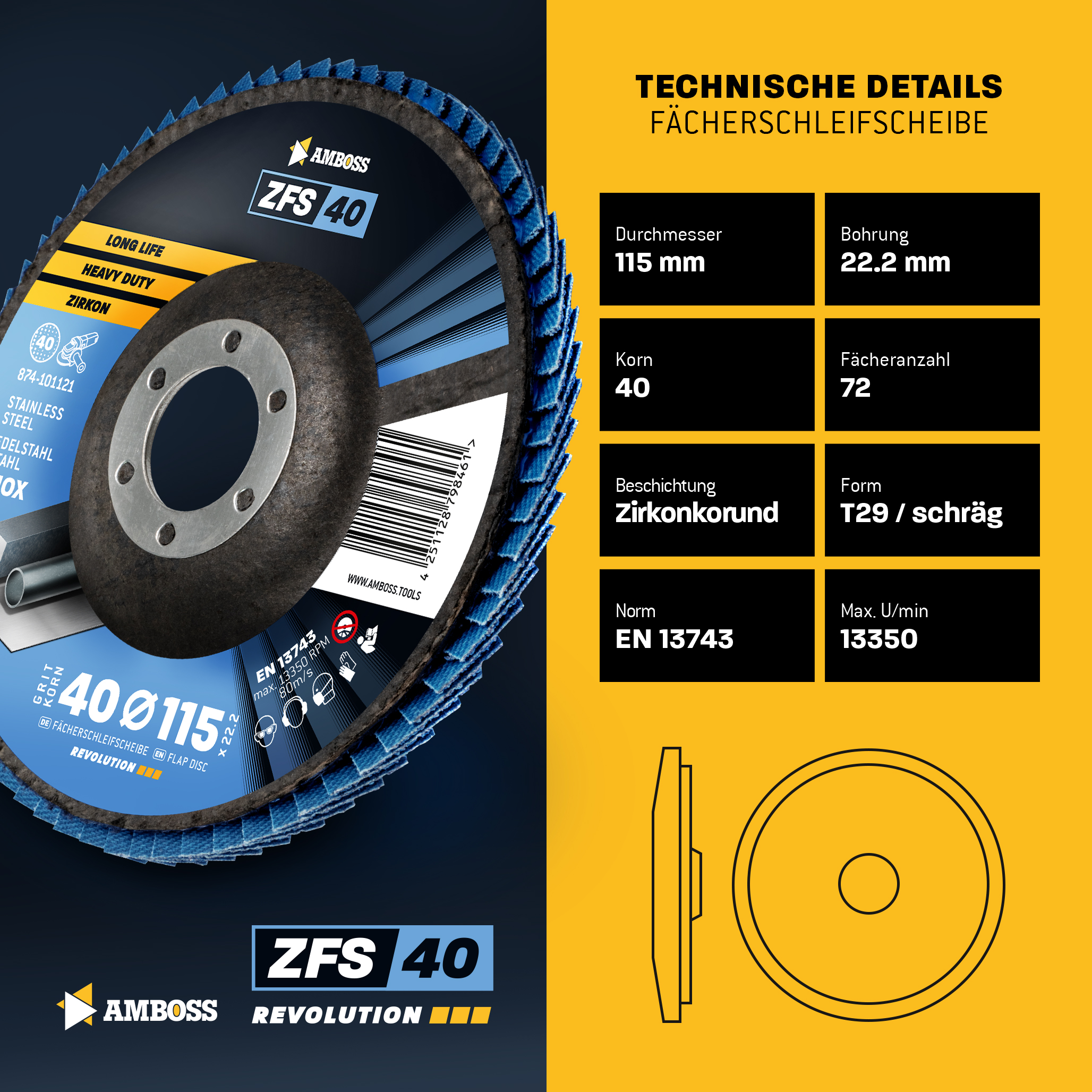10x Amboss ZFS Fächerschleifscheibe Korn:40 Ø115mm 10x Amboss ZFS Fächerschleifscheibe Korn:40 Ø115mm
