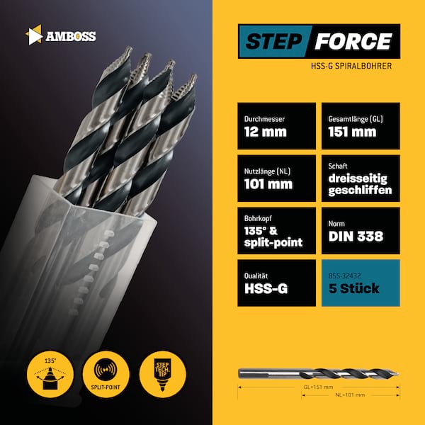 5 x HSS G STEP Force Metallbohrer DIN 338 - Ø:12.5 mm 5 x HSS G STEP Force Metallbohrer DIN 338 - Ø:12.5 mm
