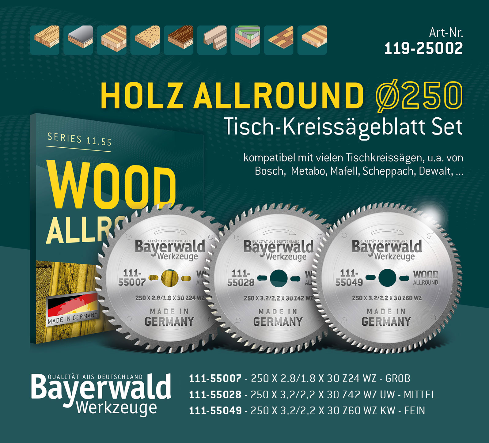 HOLZ ALLROUND Ø250 Tisch-Kreissägeblatt Set HOLZ ALLROUND Ø250 Tisch-Kreissägeblatt Set