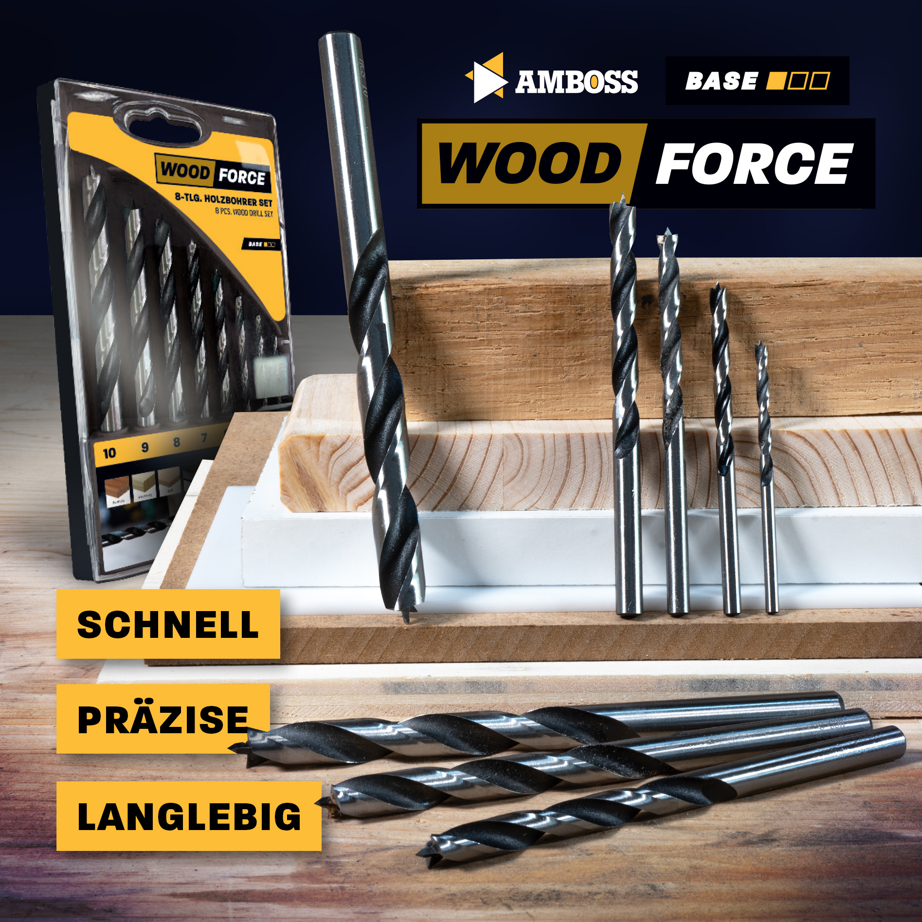 Holzbohrer Set 8-teilig Ø 3mm / 4mm / 5mm / 6mm / 7mm / 8mm / 9mm / 10mm - AMBOSS Werkzeuge Wood Force - Bohrerset für Holz bohren, Plastik bohren - Rundschaft Holzbohrer-Set Holzbohrer Set 8-teilig Ø 3mm / 4mm / 5mm / 6mm / 7mm / 8mm / 9mm / 10mm - AMBOSS Werkzeuge Wood Force - Bohrerset für Holz bohren, Plastik bohren - Rundschaft Holzbohrer-Set