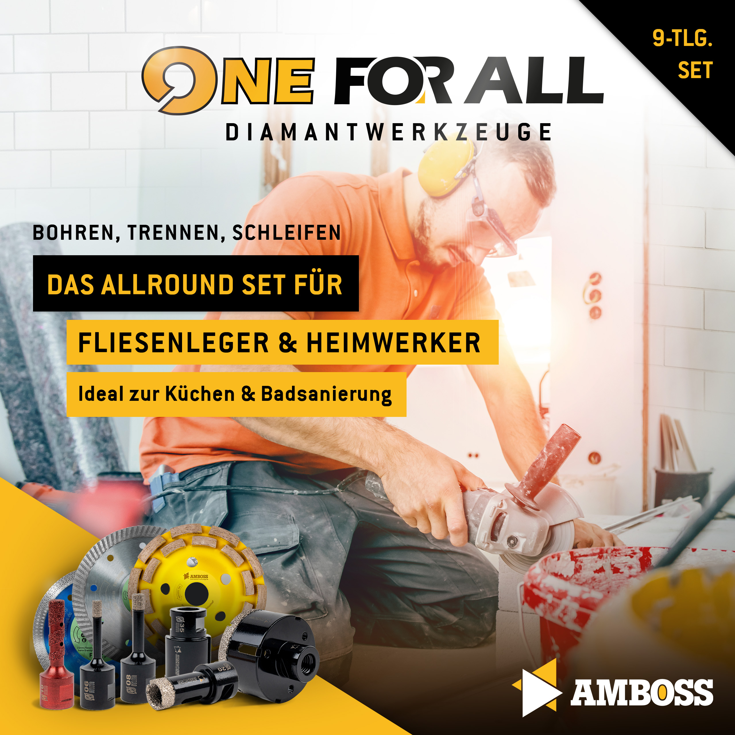 Amboss - Set Diamant-Lochsägen + Trennscheiben + Schleiftopf / One For All Set 9 / Ø 6 - 125 mm / perfekt für Sanierungen im Küchen- und Sanitärbereich / geeignet für Winkelschleifer Amboss - Set Diamant-Lochsägen + Trennscheiben + Schleiftopf / One For All Set 9 / Ø 6 - 125 mm / perfekt für Sanierungen im Küchen- und Sanitärbereich / geeignet für Winkelschleifer