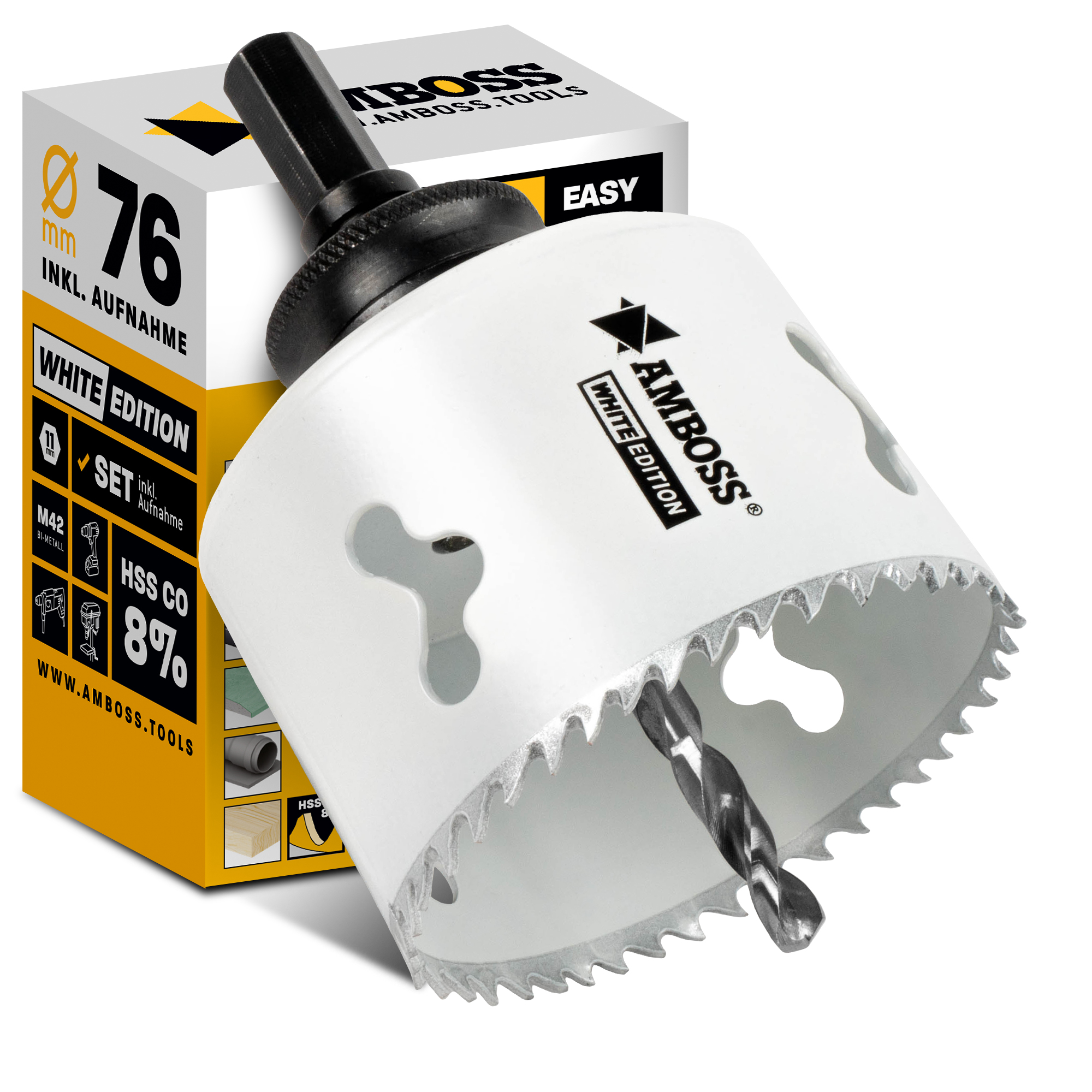 Lochsäge 76 mm - Amboss Bi-Metall (inkl. 6-kant Standard-Aufnahme) ideal für Hohlwanddose, LED-Spot, Steckdose in Gipskarton/Holz Lochsäge 76 mm - Amboss Bi-Metall (inkl. 6-kant Standard-Aufnahme) ideal für Hohlwanddose, LED-Spot, Steckdose in Gipskarton/Holz