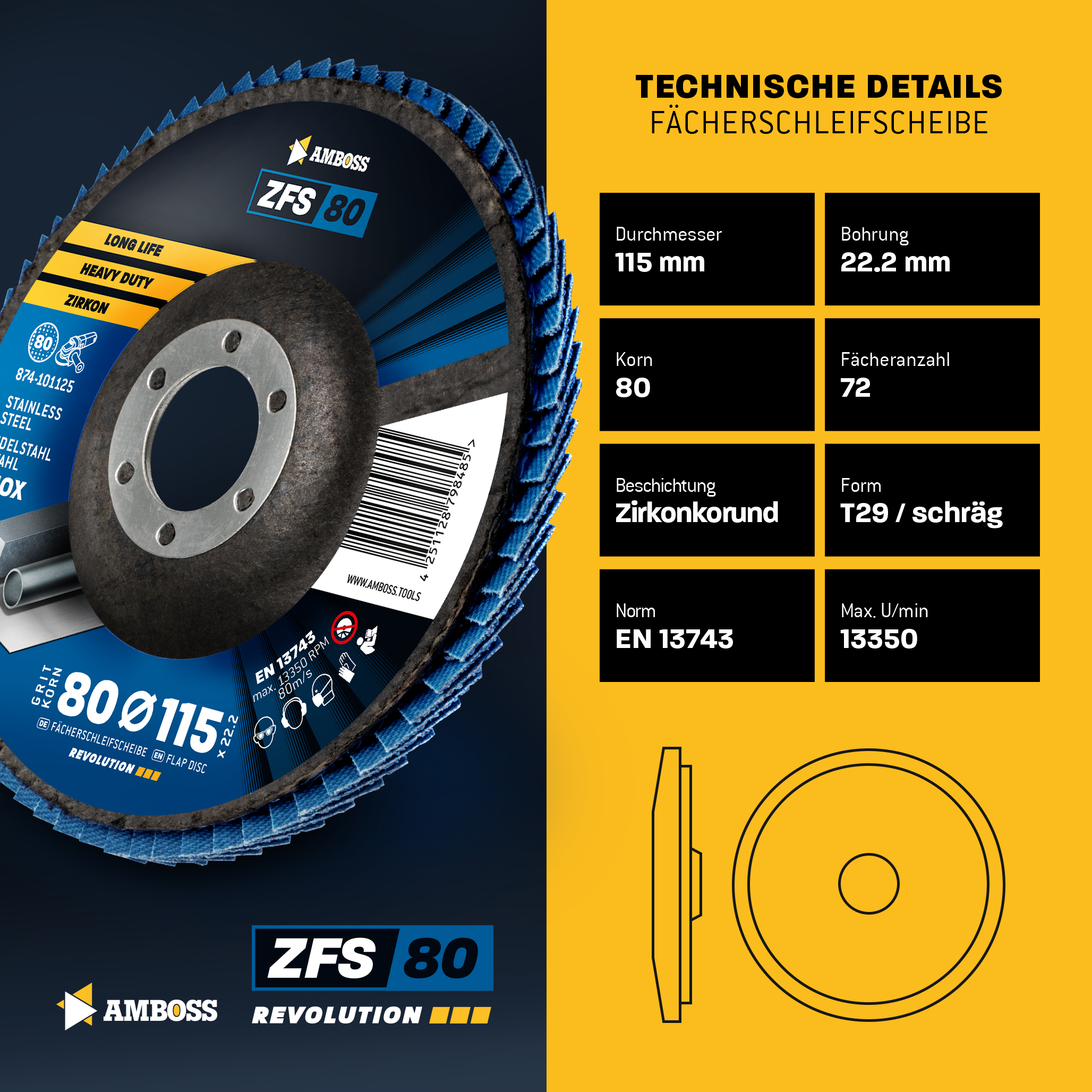 10x Amboss ZFS Fächerschleifscheibe Korn:80 Ø115mm 10x Amboss ZFS Fächerschleifscheibe Korn:80 Ø115mm