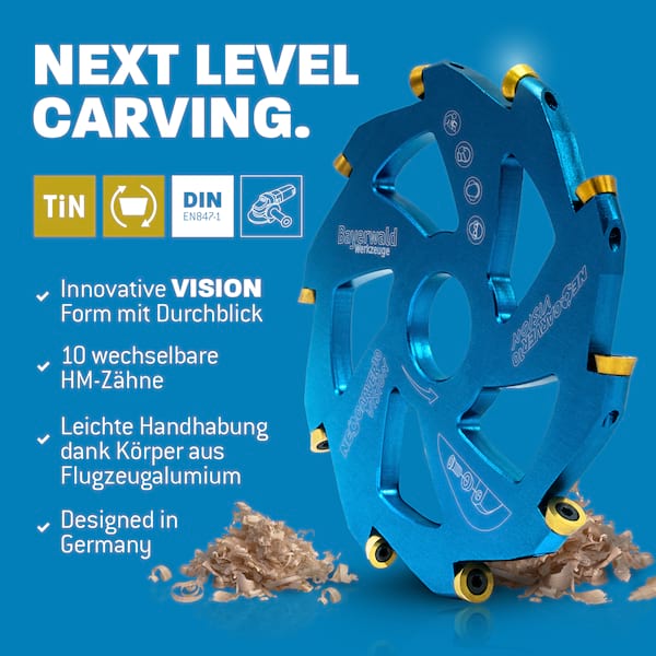 Bayerwald NeoCarver 10 Vision V2 - Hartmetall Frässcheibe für Holz - Holzschnitzfräser aus Aluminium für Winkelschleifer zum Trennen, Schleifen, Schruppen uvm. - Ø 115mm x 22,2 mm / 10 Zähne Bayerwald NeoCarver 10 Vision V2 - Hartmetall Frässcheibe für Holz - Holzschnitzfräser aus Aluminium für Winkelschleifer zum Trennen, Schleifen, Schruppen uvm. - Ø 115mm x 22,2 mm / 10 Zähne