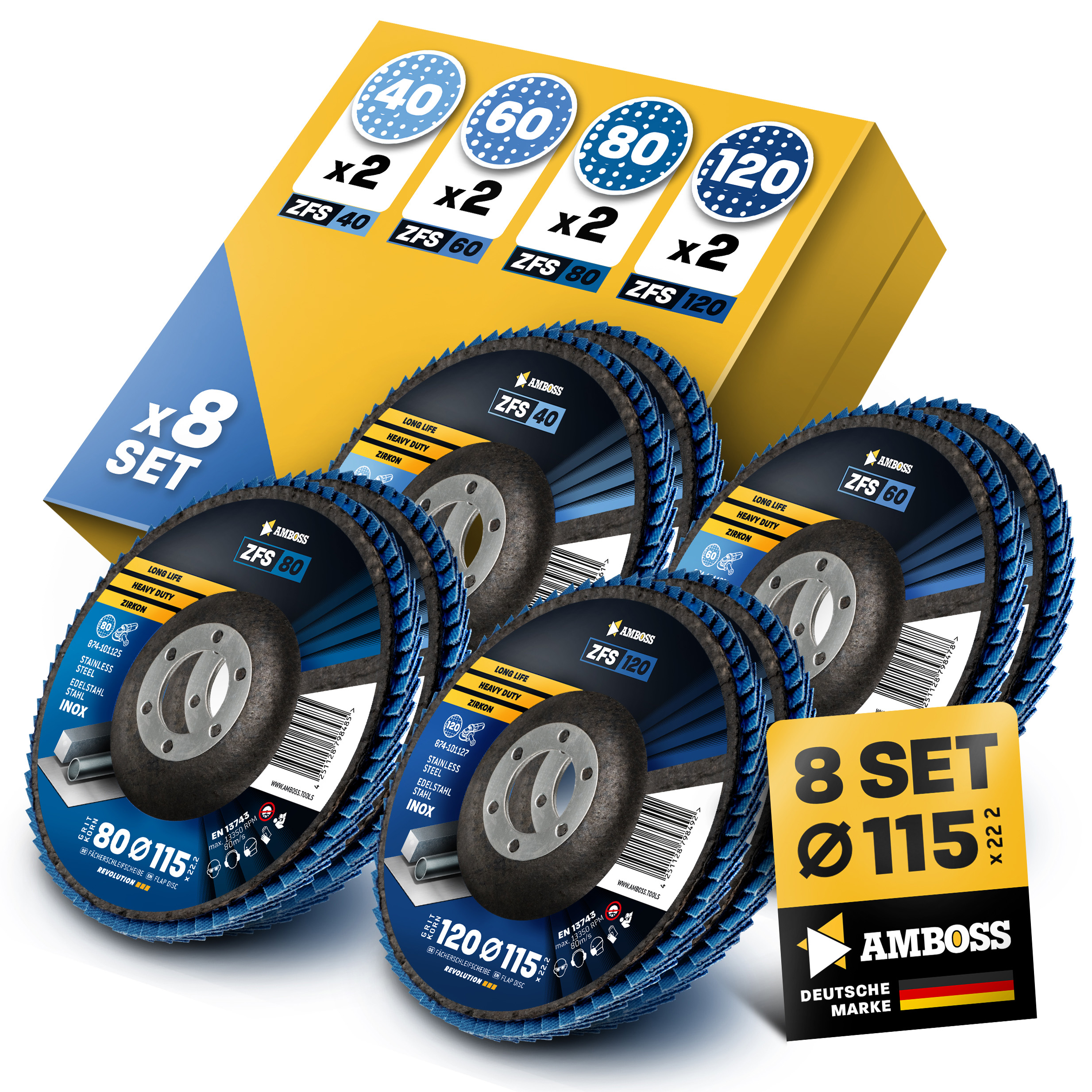 Amboss Fächerschleifscheibe Set Ø 115 (8 Stck.) Korn 40-120 Amboss Fächerschleifscheibe Set Ø 115 (8 Stck.) Korn 40-120