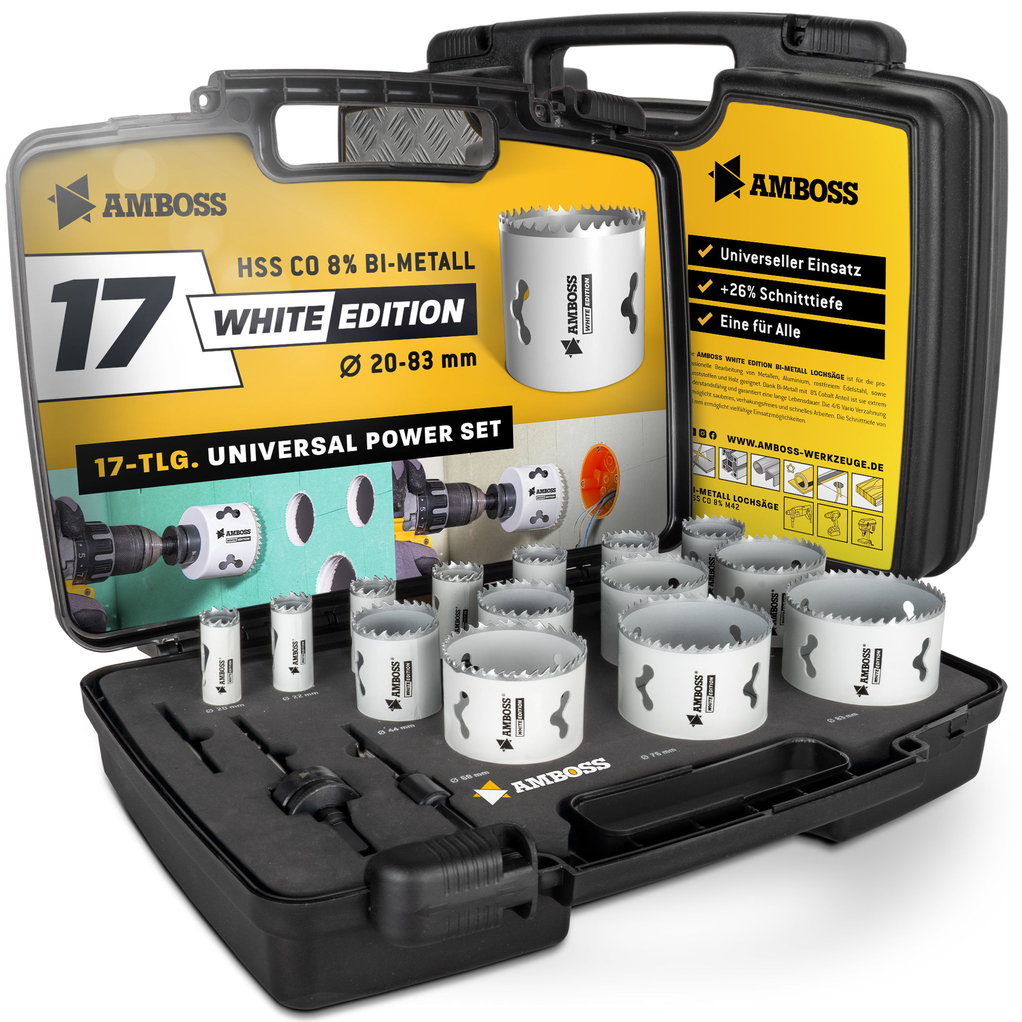 Amboss BiMetall Lochsägen Set White Edition 17 - M42 Power Set 17tlg. Ø20 bis 83 mm Amboss BiMetall Lochsägen Set White Edition 17 - M42 Power Set 17tlg. Ø20 bis 83 mm