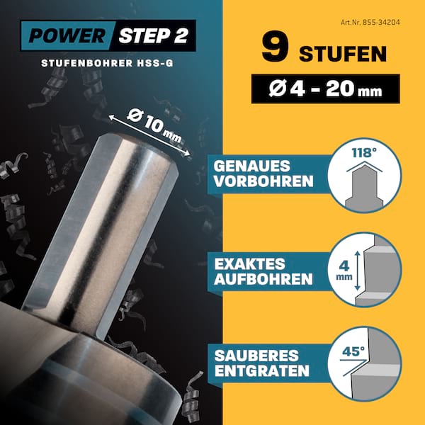 Stufenbohrer Ø 4-20 mm / 9 Stufen Konusbohrer / 10 mm Schaft / Profi Metallbohrer Kegelbohrer HSS / Amboss PowerStep 2 / Lochbohrer geeignet für Metall, Holz, Kunststoff Stufenbohrer Ø 4-20 mm / 9 Stufen Konusbohrer / 10 mm Schaft / Profi Metallbohrer Kegelbohrer HSS / Amboss PowerStep 2 / Lochbohrer geeignet für Metall, Holz, Kunststoff