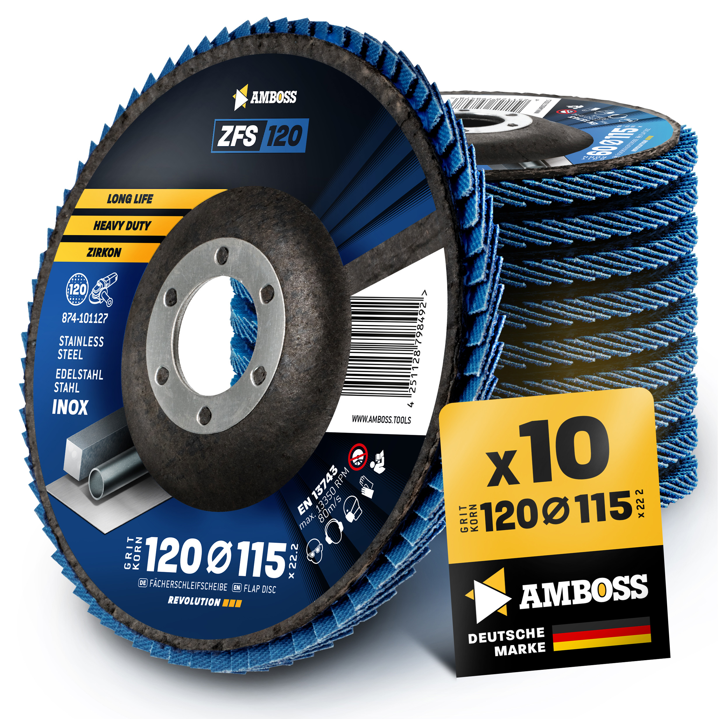 10x Amboss ZFS Fächerschleifscheibe Korn:120 Ø115mm 10x Amboss ZFS Fächerschleifscheibe Korn:120 Ø115mm