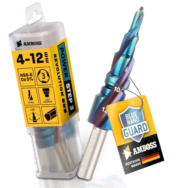 Stufenbohrer Ø 4-12 mm / 5 Stufen Konusbohrer / 10 mm Schaft / Profi Metallbohrer Kegelbohrer HSS-E Co 5% / Amboss PowerStep 3 mit TiAlSiN Blue Nano Guard / Lochbohrer geeignet für Metall, Holz, Kunststoff Stufenbohrer Ø 4-12 mm / 5 Stufen Konusbohrer / 10 mm Schaft / Profi Metallbohrer Kegelbohrer HSS-E Co 5% / Amboss PowerStep 3 mit TiAlSiN Blue Nano Guard / Lochbohrer geeignet für Metall, Holz, Kunststoff