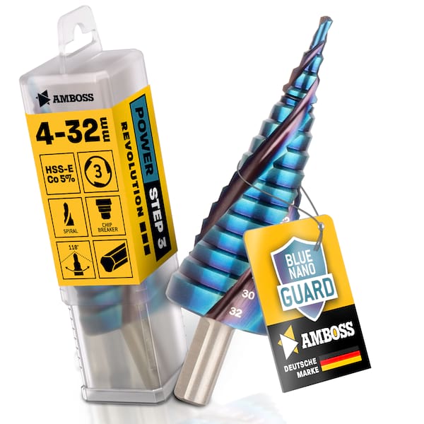 Stufenbohrer Ø 4-32 mm / 15 Stufen Konusbohrer / 10 mm Schaft / Profi Metallbohrer Kegelbohrer HSS-E Co 5% / Amboss PowerStep 3 mit TiAlSiN Blue Nano Guard / Lochbohrer geeignet für Metall, Holz, Kunststoff Stufenbohrer Ø 4-32 mm / 15 Stufen Konusbohrer / 10 mm Schaft / Profi Metallbohrer Kegelbohrer HSS-E Co 5% / Amboss PowerStep 3 mit TiAlSiN Blue Nano Guard / Lochbohrer geeignet für Metall, Holz, Kunststoff