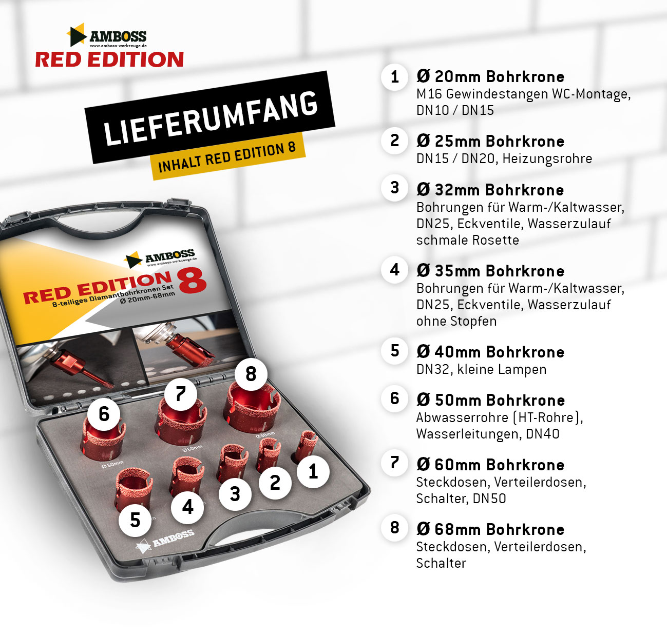Amboss Red Edition 8 - Diamant Bohrkronen Set Ø 20-68 mm Amboss Red Edition 8 - Diamant Bohrkronen Set Ø 20-68 mm