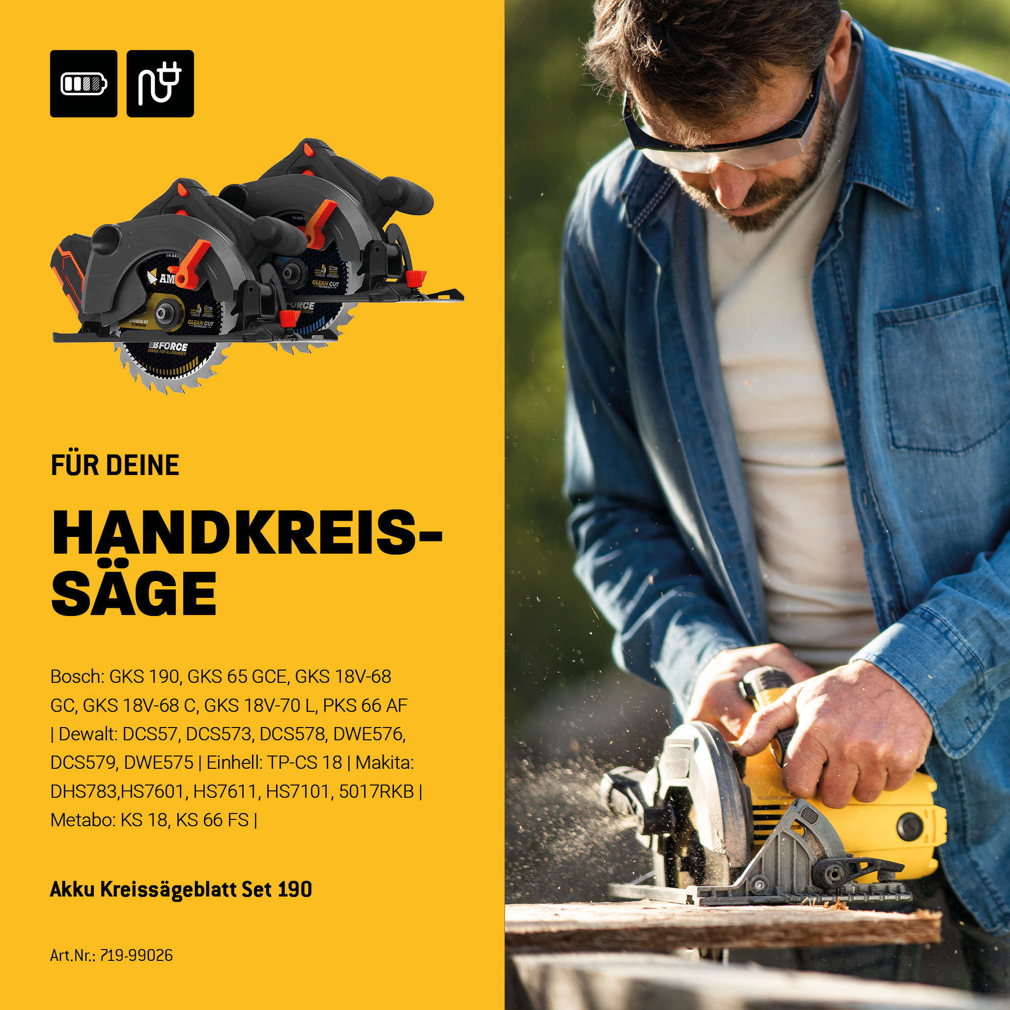 Ø190 Akku Hand- Kreissägeblatt Set passend für Metabo KS 18, Makita DHS783, Einhell TP-CS 18, DeWalt DCS57 Ø190 Akku Hand- Kreissägeblatt Set passend für Metabo KS 18, Makita DHS783, Einhell TP-CS 18, DeWalt DCS57