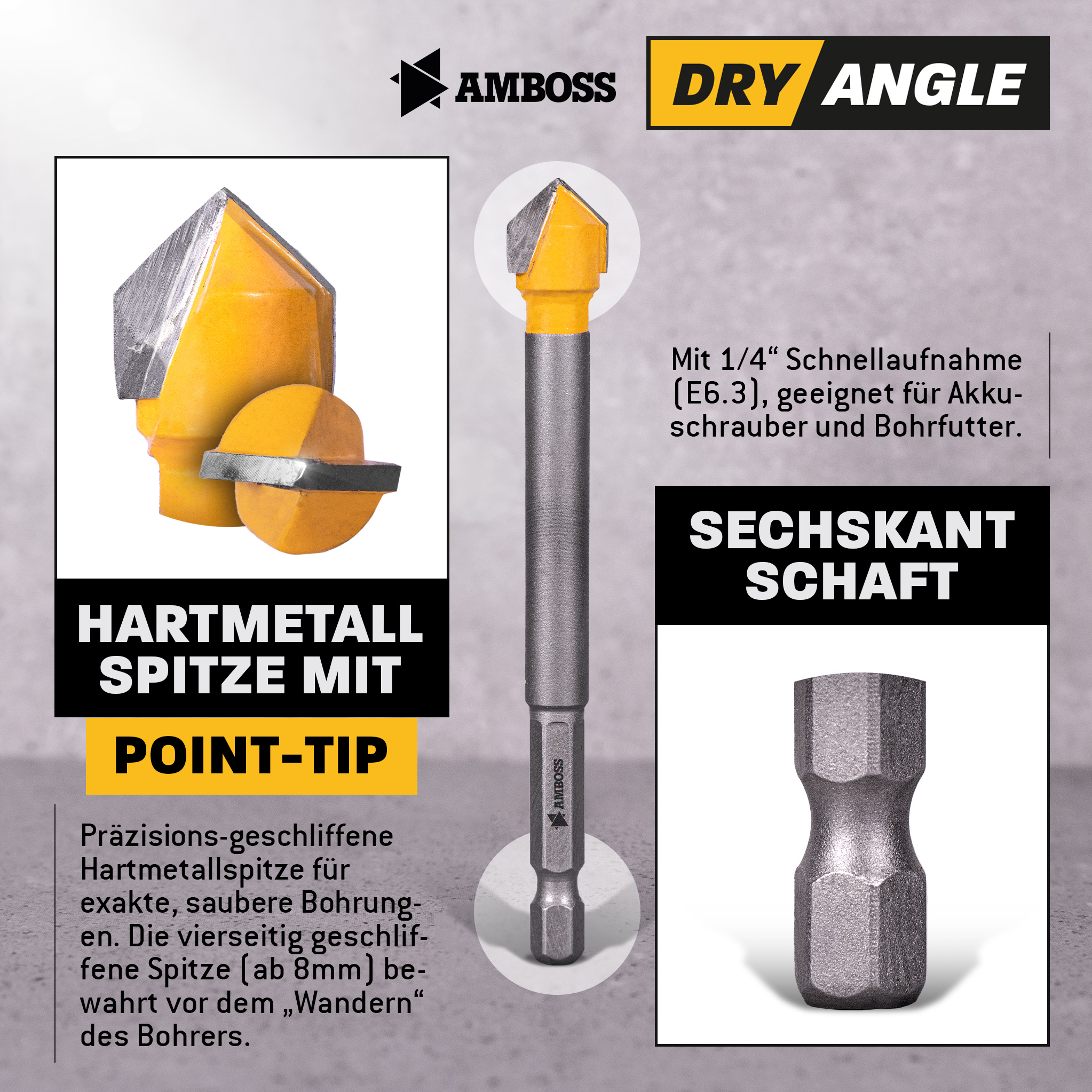 Amboss Dry Angle HM Fliesen- und Glasbohrer - Ø 8 mm - GL: 58 mm Amboss Dry Angle HM Fliesen- und Glasbohrer - Ø 8 mm - GL: 58 mm