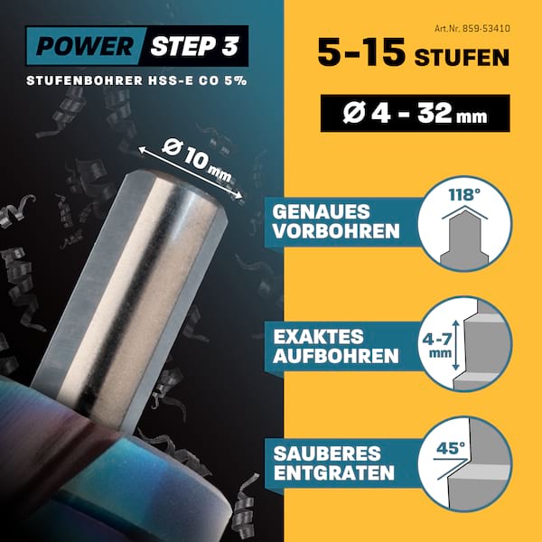 Stufenbohrer Set Ø 4-12 + 4-20 + 4-32 mm / 5 Stufen Konusbohrer / 10 mm Schaft / 3 Stck. Profi Metallbohrer Kegelbohrer HSS-E Co 5% / Amboss PowerStep 3 mit TiAlSiN Blue Nano Guard / Lochbohrer geeignet für Metall, Holz, Kunststoff Stufenbohrer Set Ø 4-12 + 4-20 + 4-32 mm / 5 Stufen Konusbohrer / 10 mm Schaft / 3 Stck. Profi Metallbohrer Kegelbohrer HSS-E Co 5% / Amboss PowerStep 3 mit TiAlSiN Blue Nano Guard / Lochbohrer geeignet für Metall, Holz, Kunststoff
