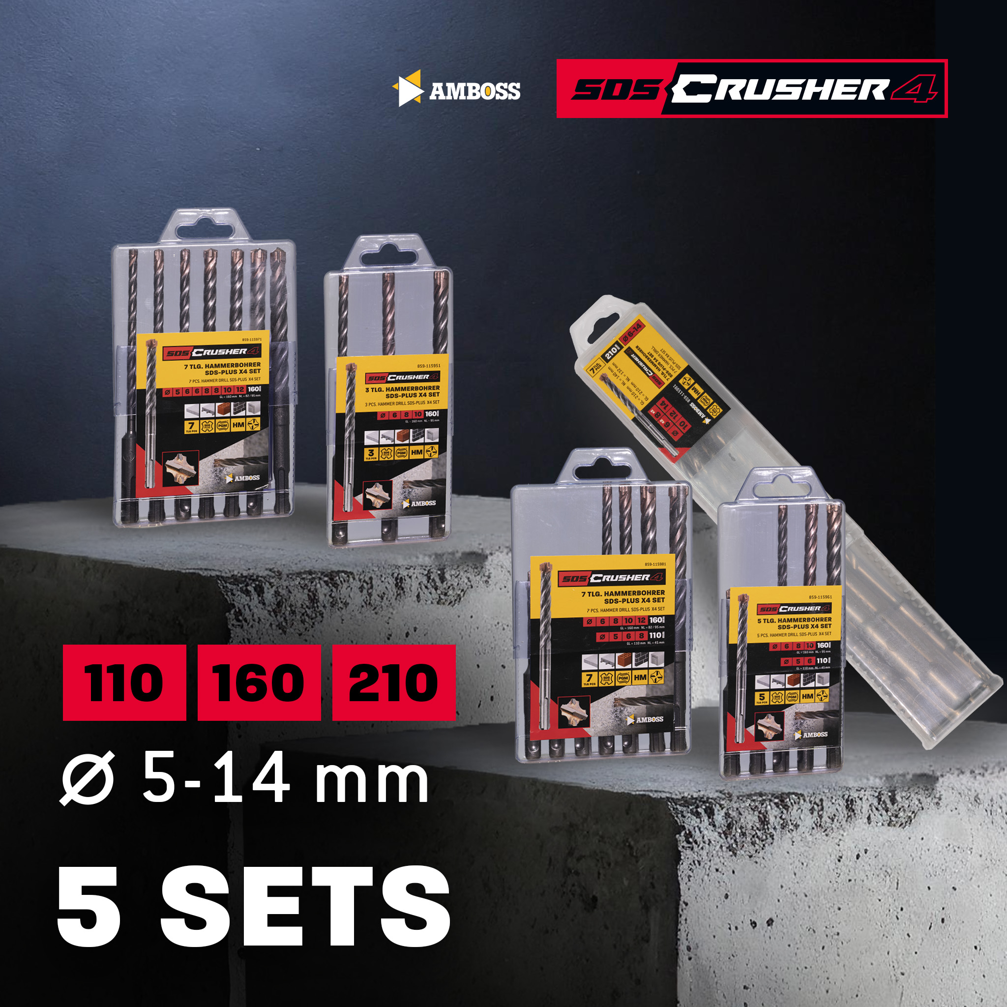 SDS Plus Hammerbohrer Set 7tlg. 4X Schneiden PGM Ø 5-12mm x 160mm - AMBOSS Werkzeuge SDS Crusher 4 - HM Betonbohrer Hartmetall Profi Bohrer  - Stahlbeton Steinbohrer Beton Mauerwerk Ziegel Kalksandstein