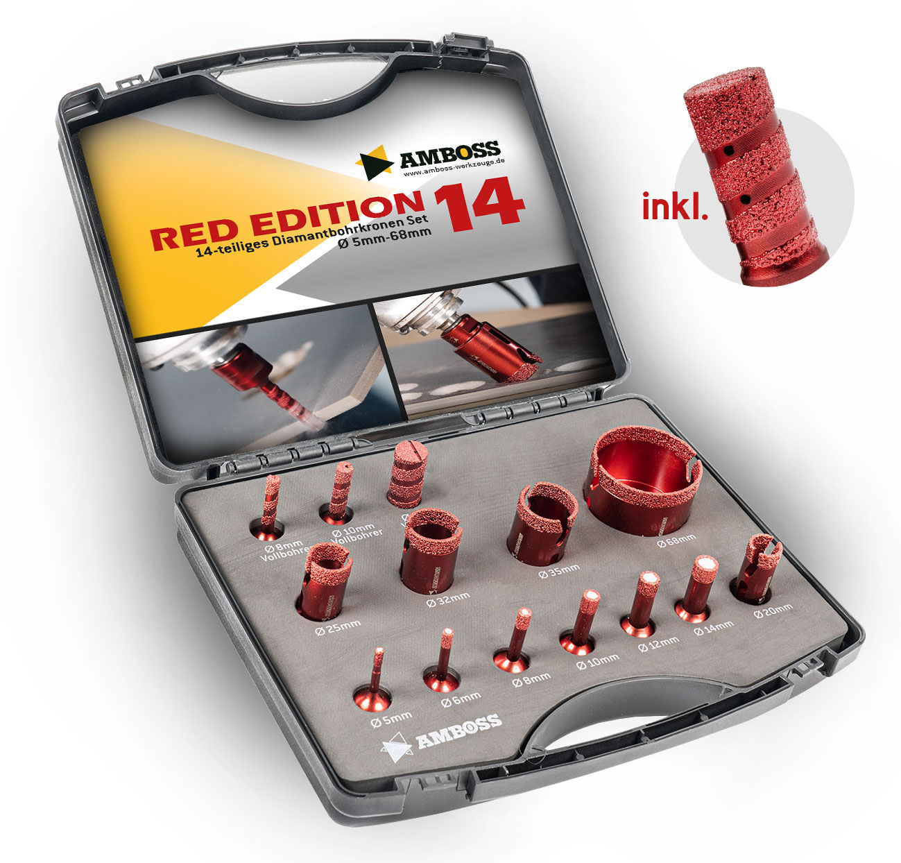 Amboss Red Edition 14 Diamant Bohrkronen Set Ø 5-68 mm / Vollfräser 8/10/20 mm Amboss Red Edition 14 Diamant Bohrkronen Set Ø 5-68 mm / Vollfräser 8/10/20 mm