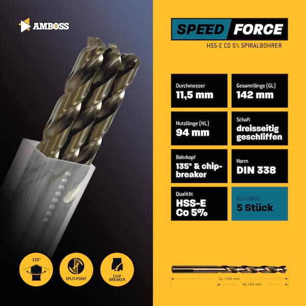 5 x HSS ECo SPEED Force Metallbohrer DIN 338 - Ø:11.5 mm 5 x HSS ECo SPEED Force Metallbohrer DIN 338 - Ø:11.5 mm