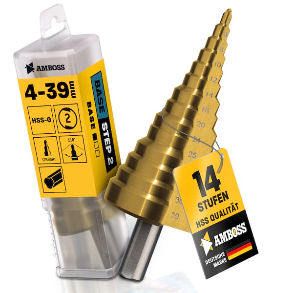 Stufenbohrer Ø 4-39 mm / 14 Stufen Konusbohrer / 10 mm Schaft / Profi Metallbohrer Kegelbohrer HSS / Amboss PowerStep 2 / Lochbohrer geeignet für Metall, Holz, Kunststoff Stufenbohrer Ø 4-39 mm / 14 Stufen Konusbohrer / 10 mm Schaft / Profi Metallbohrer Kegelbohrer HSS / Amboss PowerStep 2 / Lochbohrer geeignet für Metall, Holz, Kunststoff