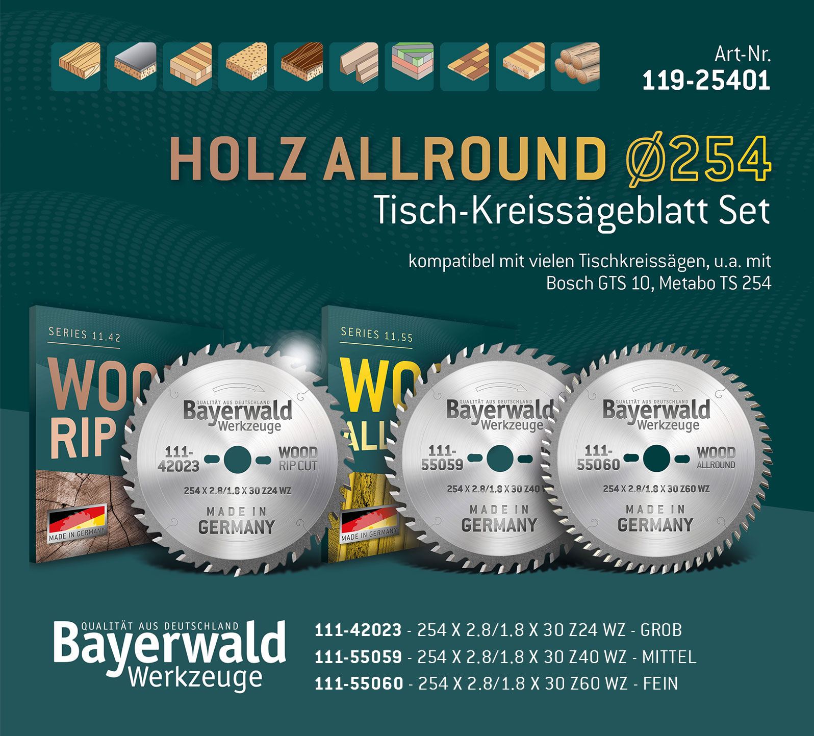 Kreissägeblatt Set 254 für Bosch GTS 10 und PTS 10 - der Allrounder Kreissägeblatt Set 254 für Bosch GTS 10 und PTS 10 - der Allrounder