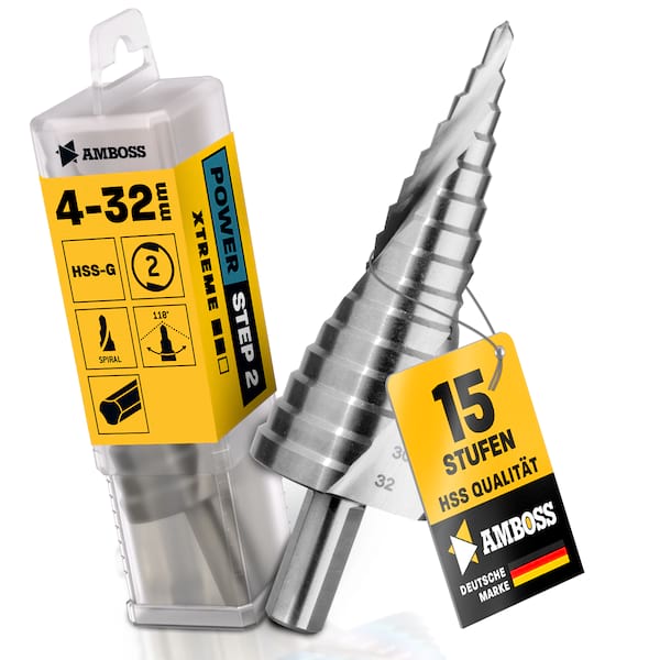 Stufenbohrer Ø 4-32 mm / 15 Stufen Konusbohrer / 10 mm Schaft / Profi Metallbohrer Kegelbohrer HSS / Amboss PowerStep 2 / Lochbohrer geeignet für Metall, Holz, Kunststoff Stufenbohrer Ø 4-32 mm / 15 Stufen Konusbohrer / 10 mm Schaft / Profi Metallbohrer Kegelbohrer HSS / Amboss PowerStep 2 / Lochbohrer geeignet für Metall, Holz, Kunststoff