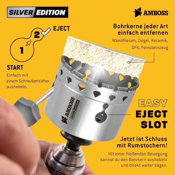 Set Silver Edition Diamant Lochsäge 68mm + Aufnahme + 7mm Diamant Bohrer