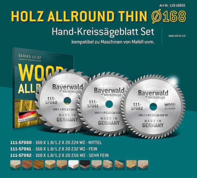 Bayerwald Kreissägeblatt Set Ø160 (3 tlg.) - für Holz Allround - geeignet für Akku-Handkreissägen von Mafell uvm. Bayerwald Kreissägeblatt Set Ø160 (3 tlg.) - für Holz Allround - geeignet für Akku-Handkreissägen von Mafell uvm.