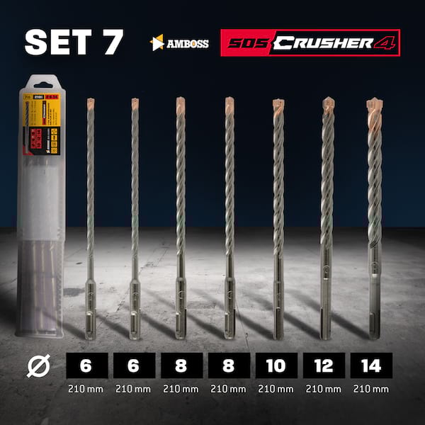 SDS Plus Hammerbohrer Set 7tlg. 4X Schneiden PGM Ø 6-14mm x 210mm - AMBOSS Werkzeuge SDS Crusher 4 - HM Betonbohrer Hartmetall Profi Bohrer  - Stahlbeton Steinbohrer Beton Mauerwerk Ziegel Kalksandstein SDS Plus Hammerbohrer Set 7tlg. 4X Schneiden PGM Ø 6-14mm x 210mm - AMBOSS Werkzeuge SDS Crusher 4 - HM Betonbohrer Hartmetall Profi Bohrer  - Stahlbeton Steinbohrer Beton Mauerwerk Ziegel Kalksandstein