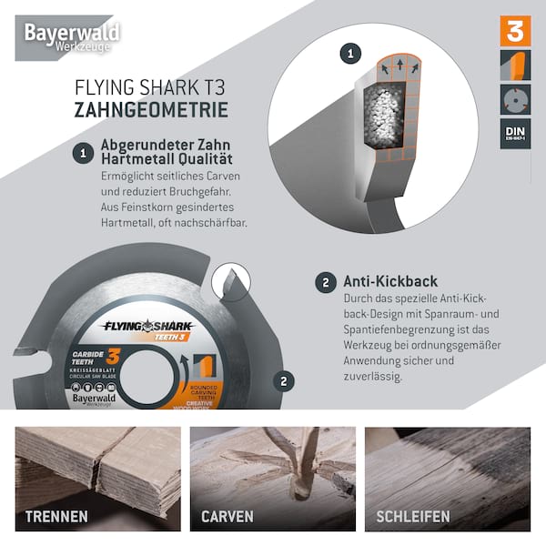 Bayerwald Flying Shark Ø 125mm (3 Zähne) Holz Sägeblatt - Schnitzen, Entrinden - für schnellste Schnitte Bayerwald Flying Shark Ø 125mm (3 Zähne) Holz Sägeblatt - Schnitzen, Entrinden - für schnellste Schnitte