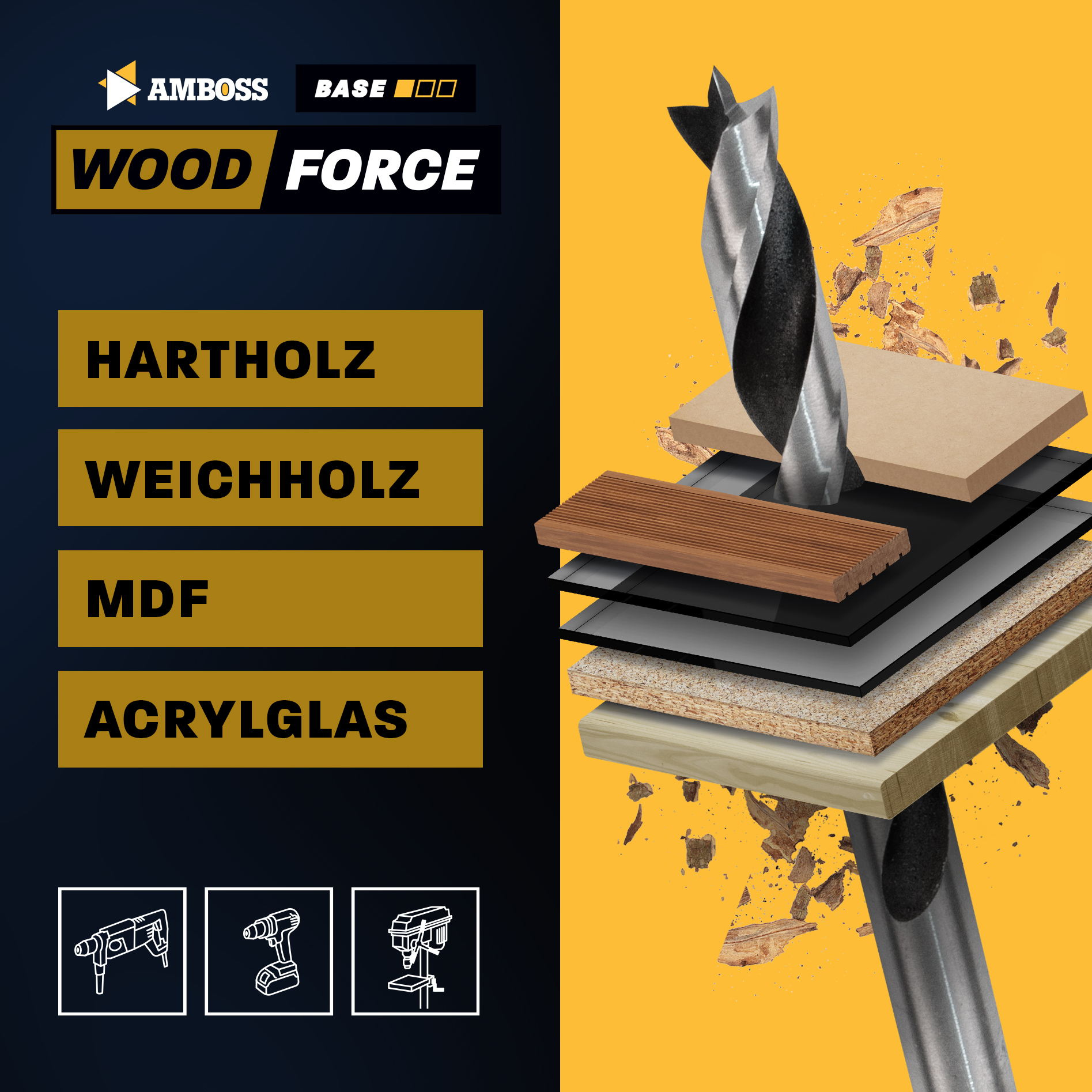 Holzbohrer Set 8-teilig Ø 3mm / 4mm / 5mm / 6mm / 7mm / 8mm / 9mm / 10mm - AMBOSS Werkzeuge Wood Force - Bohrerset für Holz bohren, Plastik bohren - Rundschaft Holzbohrer-Set