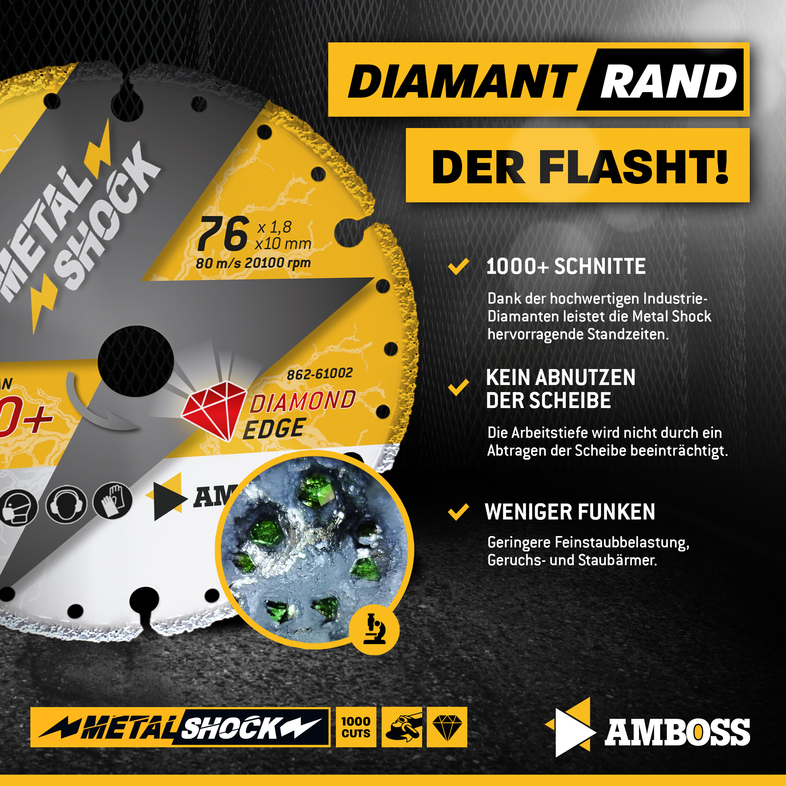 AMBOSS METAL SHOCK - Diamant Trennscheibe 76 x 1,8 x 10 mm - geeignet für Metall/Stahl/Inox - passend für Mini Winkelschleifer wie Bosch GWS 12V-76 / Metabo Powermaxx CC 12 / Milwaukee M12FCOT-0 uvm. AMBOSS METAL SHOCK - Diamant Trennscheibe 76 x 1,8 x 10 mm - geeignet für Metall/Stahl/Inox - passend für Mini Winkelschleifer wie Bosch GWS 12V-76 / Metabo Powermaxx CC 12 / Milwaukee M12FCOT-0 uvm.