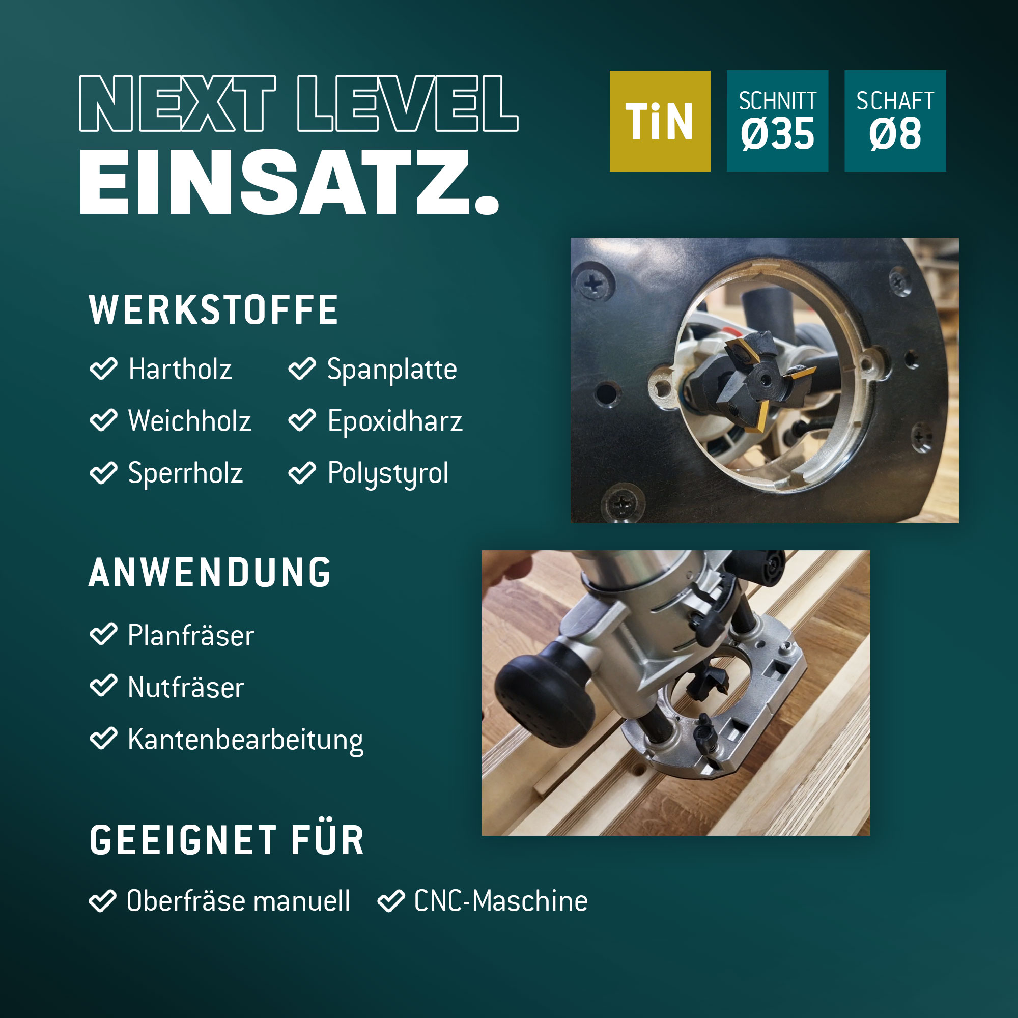 Bayerwald NeoTwister Planfräser für Oberfräse f. Holz - SchnittØ 35 mm / SchaftØ 8 mm - Planfräsen / Nutfräsen / Kantenfräsen - tauschbare TiN-besch. Messer - Profiwerkzeug, präzise&langlebig