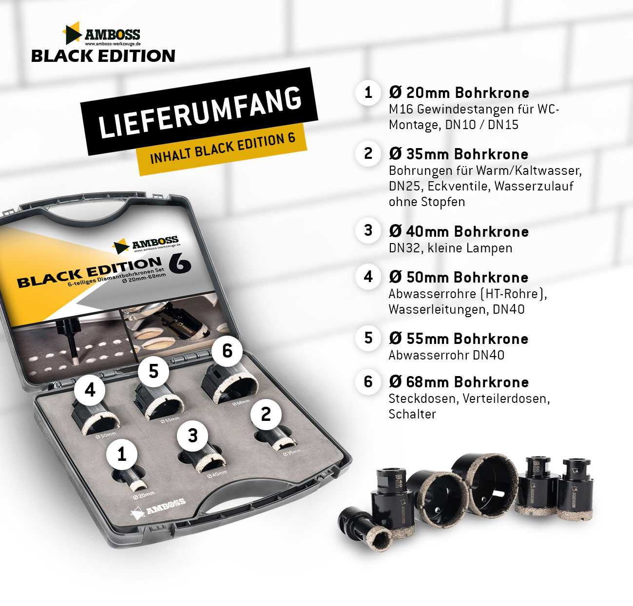 Amboss - Diamant Fliesenbohrer-/Bohrkronen - Set 6 tlg. (Ø 20-68 mm) Premium Black Edition | M14 für Winkelschleifer | Fliesen, Granit, Feinsteinzeug Amboss - Diamant Fliesenbohrer-/Bohrkronen - Set 6 tlg. (Ø 20-68 mm) Premium Black Edition | M14 für Winkelschleifer | Fliesen, Granit, Feinsteinzeug