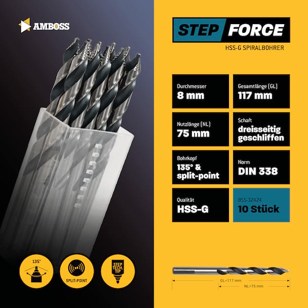 10 x HSS G STEP Force Metallbohrer DIN 338 - Ø:8 mm