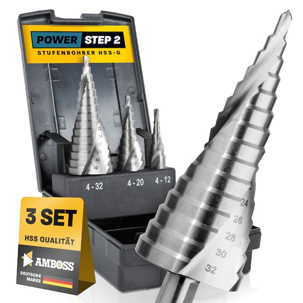 Stufenbohrer Set Ø 4-12 + 4-20 + 4-32 mm / Konusbohrer/ 10 mm Schaft / Profi Metallbohrer Kegelbohrer Set HSS / Amboss PowerStep 2 / Lochbohrer geeignet für Metall, Holz, Kunststoff Stufenbohrer Set Ø 4-12 + 4-20 + 4-32 mm / Konusbohrer/ 10 mm Schaft / Profi Metallbohrer Kegelbohrer Set HSS / Amboss PowerStep 2 / Lochbohrer geeignet für Metall, Holz, Kunststoff