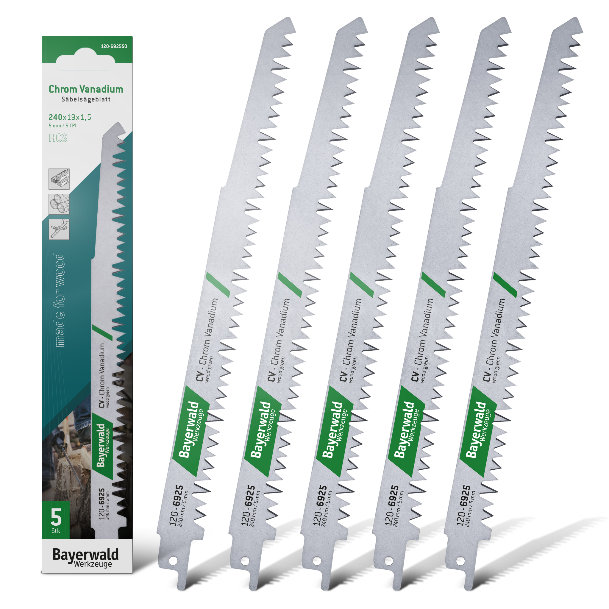 5x Bayerwald Werkzeuge Säbelsägeblatt - Länge 230 mm | Für Weichholz/ Konstruktionsholz/ Grünholz/ Brennholz / Balken | Grober, schneller Schnitt
