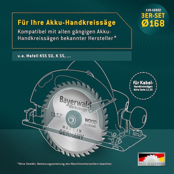 Bayerwald Kreissägeblatt Set Ø160 (3 tlg.) - für Holz Allround - geeignet für Akku-Handkreissägen von Mafell uvm.