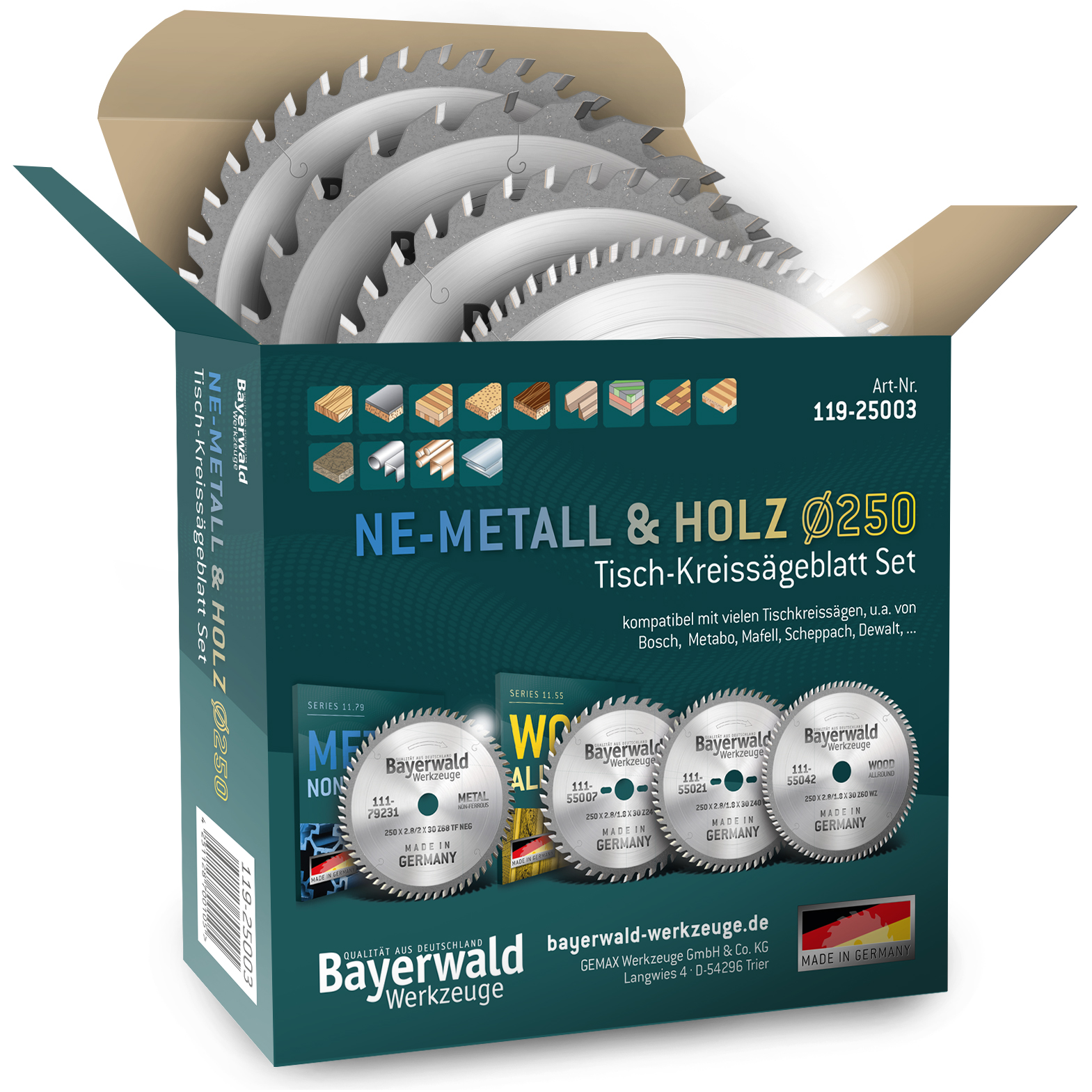 NE-METALL & HOLZ Ø250 Tisch-Kreissägeblatt Set