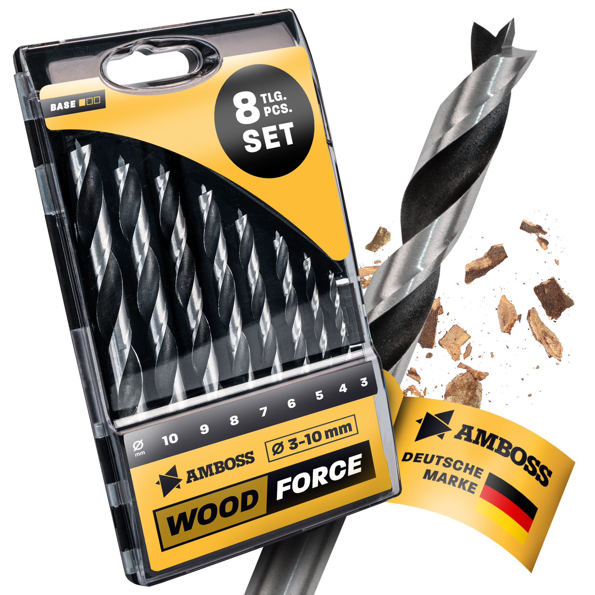 Holzbohrer Set 8-teilig Ø 3mm / 4mm / 5mm / 6mm / 7mm / 8mm / 9mm / 10mm - AMBOSS Werkzeuge Wood Force - Bohrerset für Holz bohren, Plastik bohren - Rundschaft Holzbohrer-Set Holzbohrer Set 8-teilig Ø 3mm / 4mm / 5mm / 6mm / 7mm / 8mm / 9mm / 10mm - AMBOSS Werkzeuge Wood Force - Bohrerset für Holz bohren, Plastik bohren - Rundschaft Holzbohrer-Set