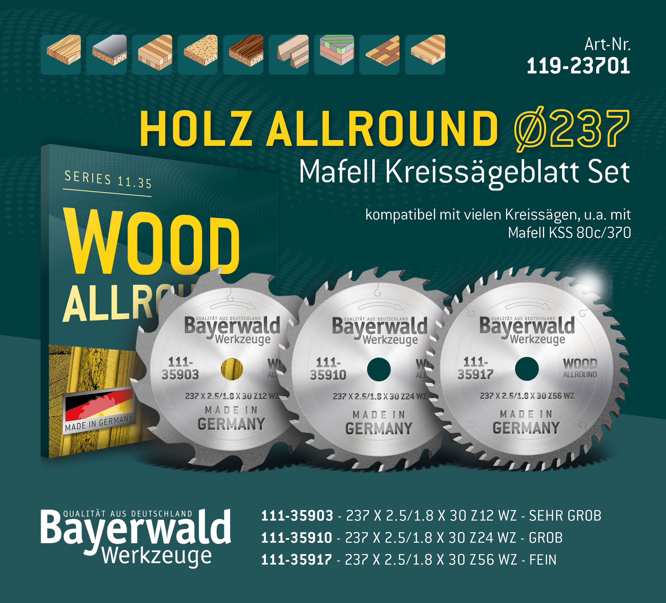 HOLZ ALLROUND Ø237 Mafell Kreissägeblatt Set HOLZ ALLROUND Ø237 Mafell Kreissägeblatt Set
