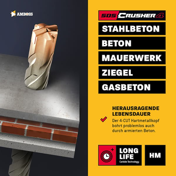 SDS Plus Hammerbohrer Set 3tlg. 4X Schneiden PGM Ø 6-10mm x 160mm - AMBOSS Werkzeuge SDS Crusher 4 - HM Betonbohrer Hartmetall Profi Bohrer  - Stahlbeton Steinbohrer Beton Mauerwerk Ziegel Kalksandstein