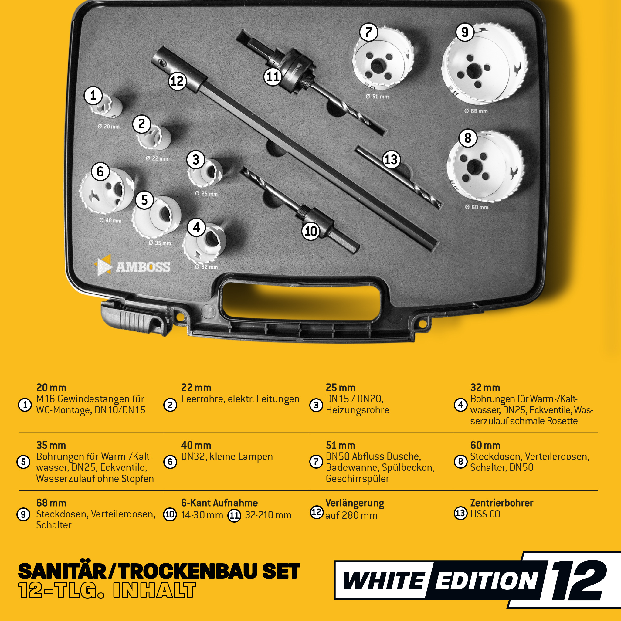 Amboss M42 BiMetall Lochsägen Set White Edition 12 - 12tlg. Ø20 bis 68 mm Amboss M42 BiMetall Lochsägen Set White Edition 12 - 12tlg. Ø20 bis 68 mm