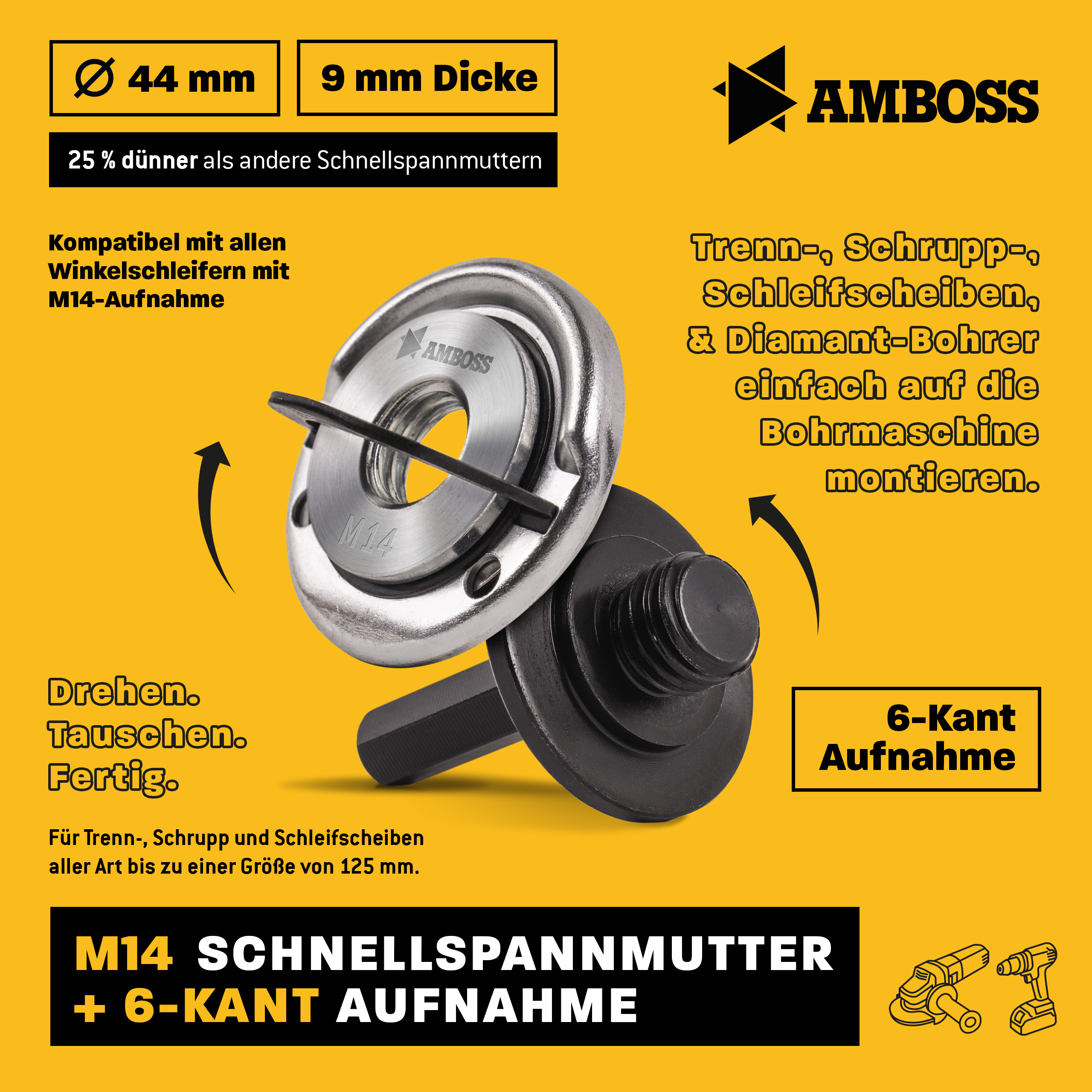 Sechskant-Aufnahme inkl. Schnellspannmutter für Trenn- und Schleifscheiben mit 22.23er Bohrung Sechskant-Aufnahme inkl. Schnellspannmutter für Trenn- und Schleifscheiben mit 22.23er Bohrung