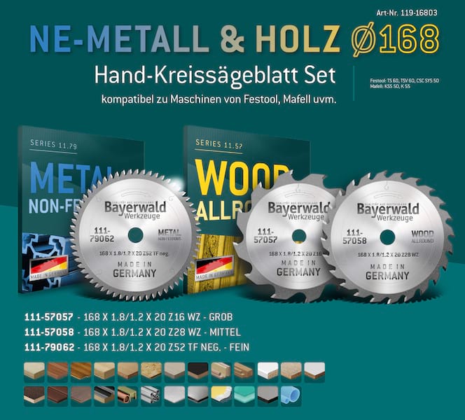 Bayerwald Kreissägeblatt Set Ø160 (3 tlg.) - für NE-Metall & Holz - geeignet für Handkreissägen von Festool, Mafell uvm. Bayerwald Kreissägeblatt Set Ø160 (3 tlg.) - für NE-Metall & Holz - geeignet für Handkreissägen von Festool, Mafell uvm.