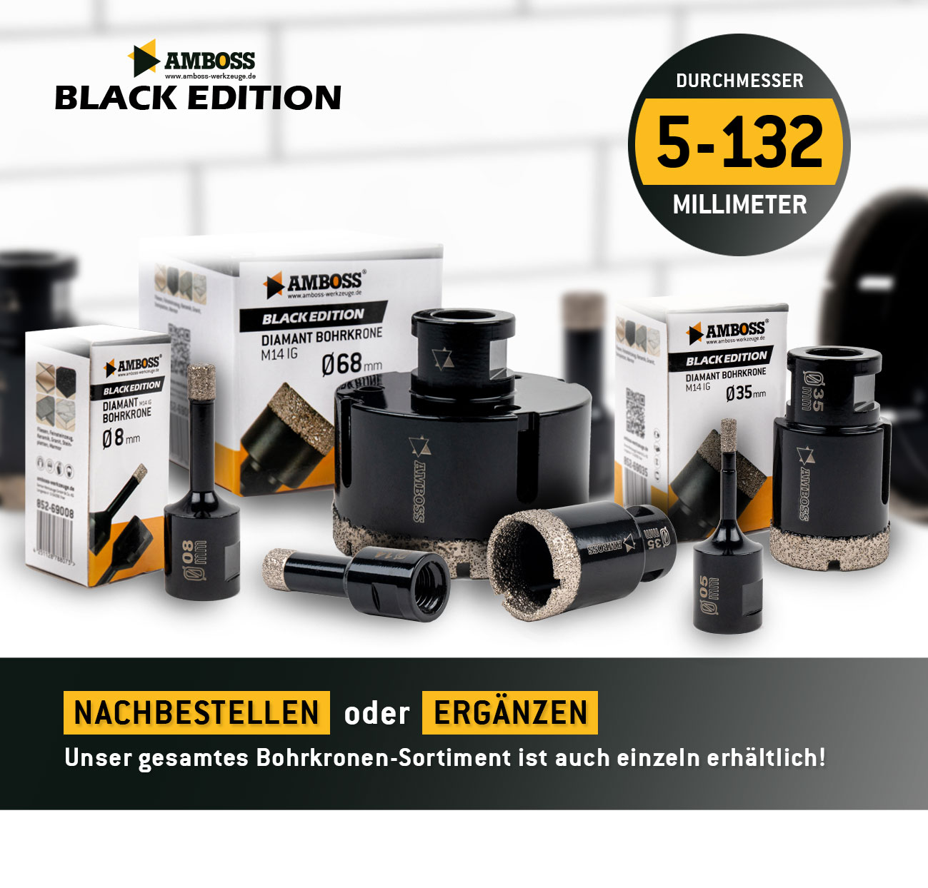 Amboss Diamant Bohrkronen M14 - BLACK EDITION Set 5 / 6 / 8 / 10 / 12 / 20 / 32 / 35 / 68 mm für Winkelschleifer | Feinsteinzeug, harte Fliesen, Granit Amboss Diamant Bohrkronen M14 - BLACK EDITION Set 5 / 6 / 8 / 10 / 12 / 20 / 32 / 35 / 68 mm für Winkelschleifer | Feinsteinzeug, harte Fliesen, Granit