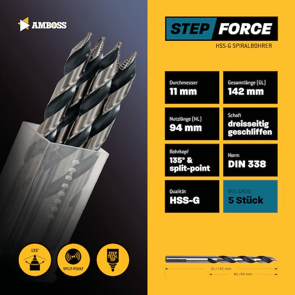 5 x HSS G STEP Force Metallbohrer DIN 338 - Ø:11 mm 5 x HSS G STEP Force Metallbohrer DIN 338 - Ø:11 mm