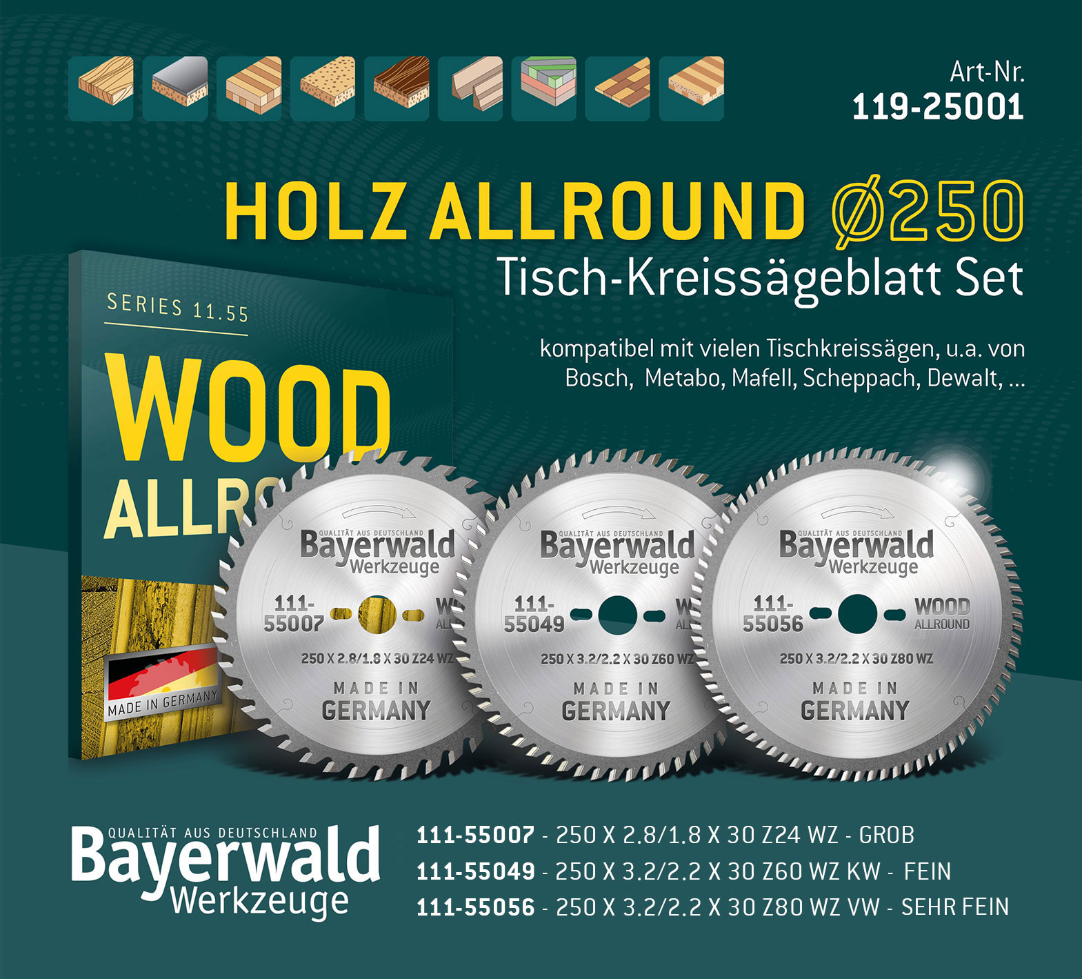 HOLZ ALLROUND Ø250 Tisch-Kreissägeblatt Set HOLZ ALLROUND Ø250 Tisch-Kreissägeblatt Set