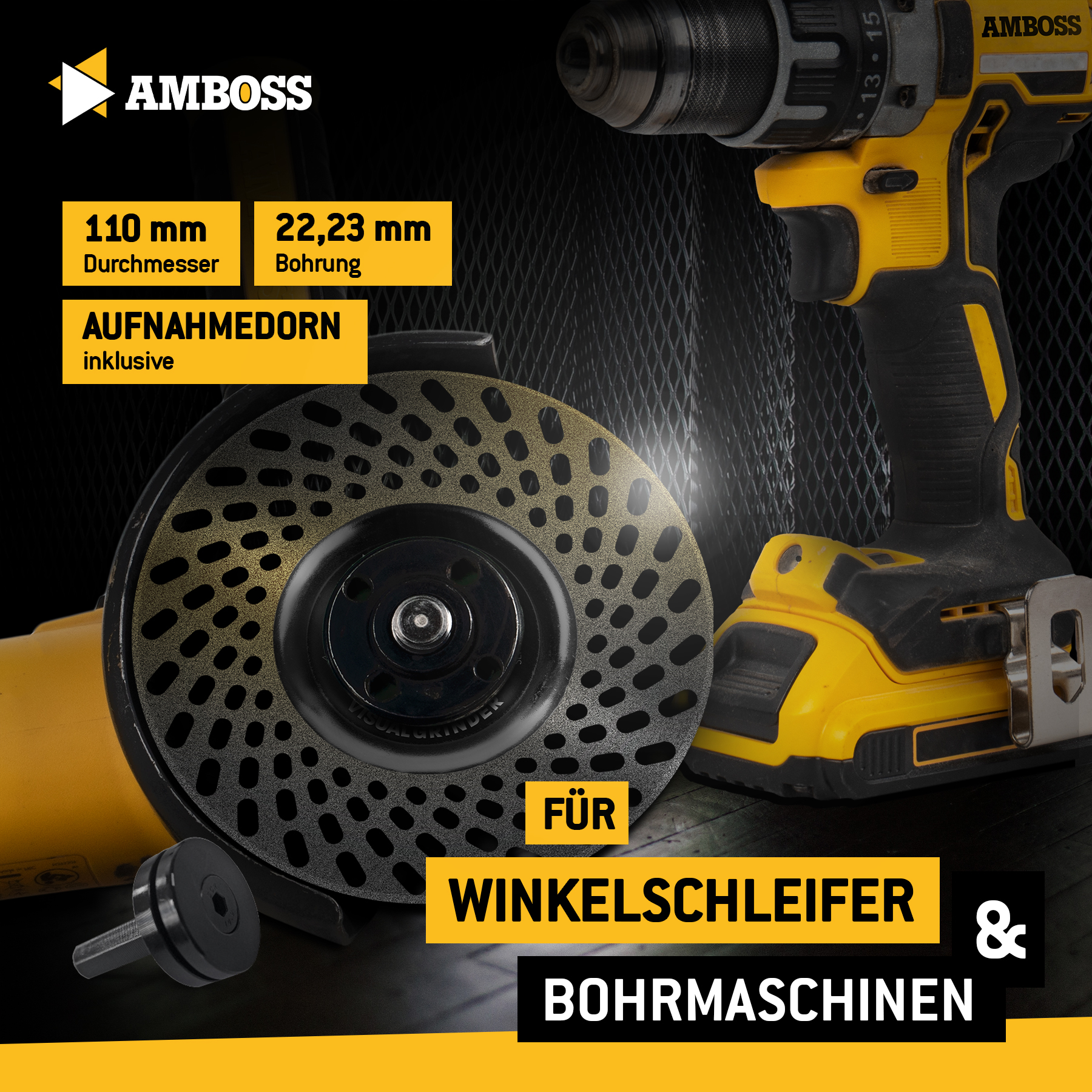 Amboss Diamant-Sichtschleifscheibe Visual Grinder für Winkelschleifer / Schärfen von Messern, Bohrern, Fräsern / Anschleifen von Stein, Gips, Putz, Beton / Ø 110 mm - Bohrung 22,2 mm Amboss Diamant-Sichtschleifscheibe Visual Grinder für Winkelschleifer / Schärfen von Messern, Bohrern, Fräsern / Anschleifen von Stein, Gips, Putz, Beton / Ø 110 mm - Bohrung 22,2 mm