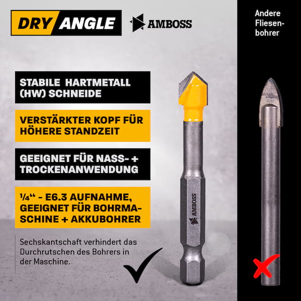 Amboss Dry Angle HM Fliesen- und Glasbohrer - Ø 10 mm - GL: 96 mm Amboss Dry Angle HM Fliesen- und Glasbohrer - Ø 10 mm - GL: 96 mm
